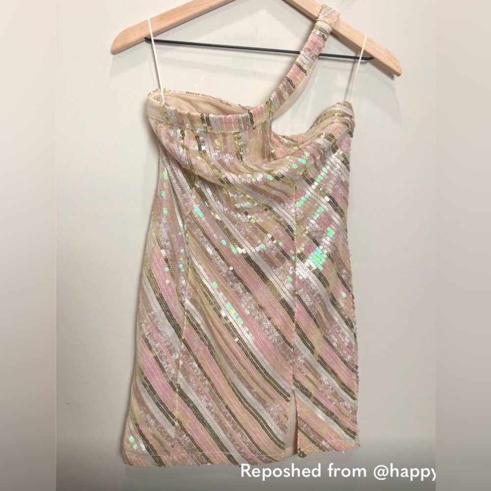 Superdown Cicely Mini Dress One Shoulder Pink Sequin Stripe Party Cocktail M